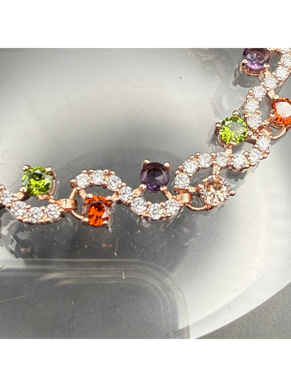 candy+clover Muted Multicolor Crystal Vine Rose Gold Tone Tennis Bracelet